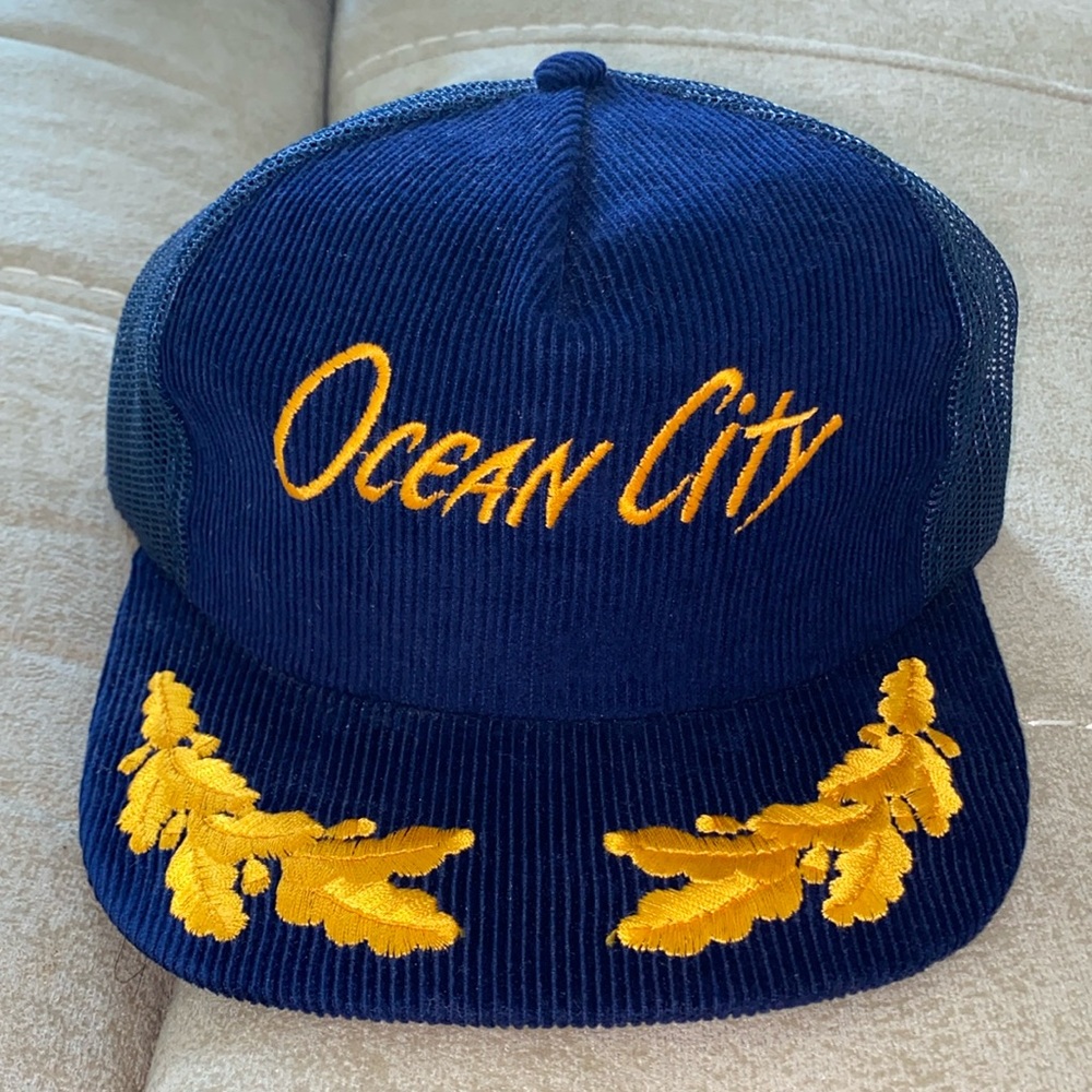 NWOT Navy Blue Corduroy Ocean City Adjustable Baseball Hat with Gold Embroidery